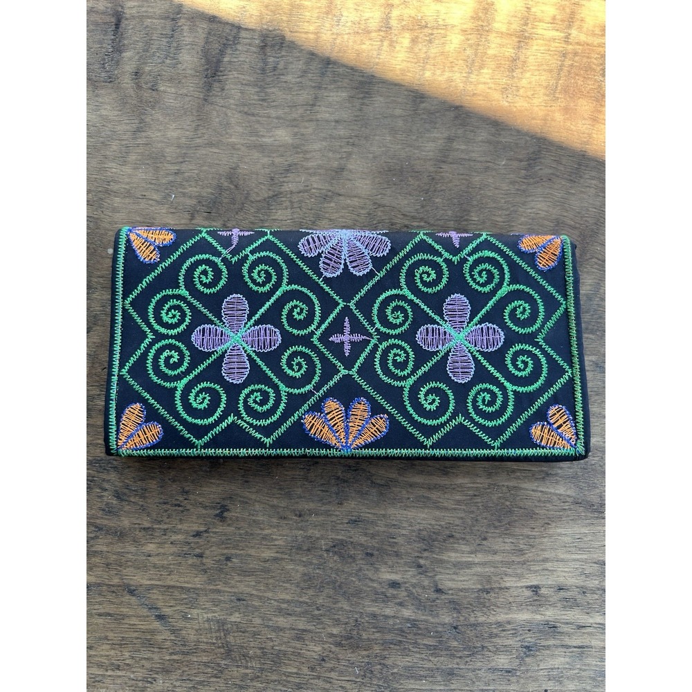 Embroidered Boho Wallet Clutch Black Floral Folk Art Colorful Zip Pocket